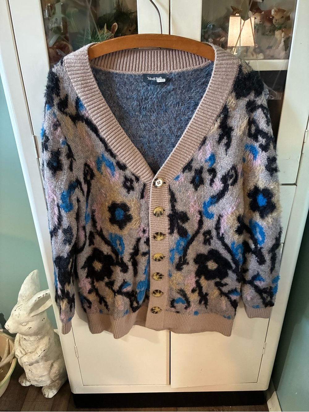 ModCloth sz M Taupe Leopard-Print Cardigan with Blue & Black Accents euc